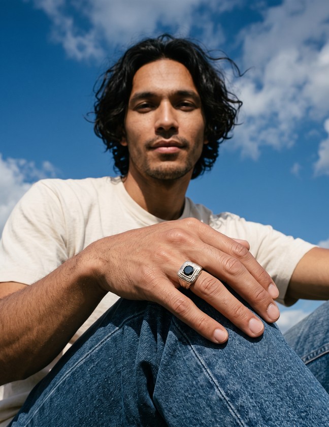 Model wearing a statement ring beneath a blue sky