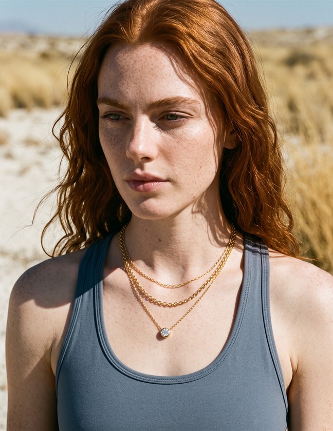 Red-haired model wearing layered necklaces