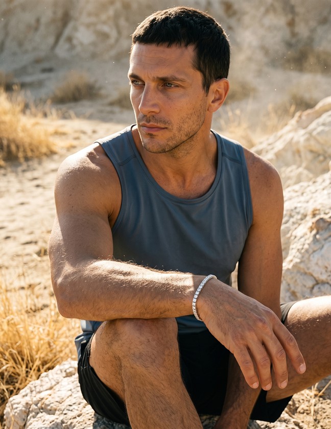 Model wearing a bracelet in a desert setting